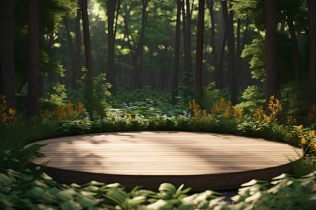Wooden floor in the green forest, natural background, 3d renderの素材
