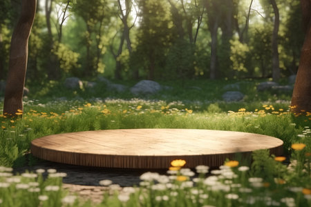 Empty wooden table in the summer park with dandelions and daisiesの素材