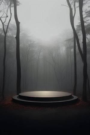 Dark forest with fog and a round podium. 3D rendering.の素材