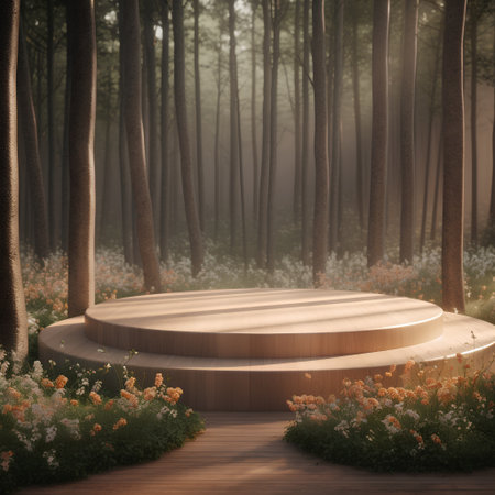 Wooden podium in the forest. 3D render. Nature scene.の素材