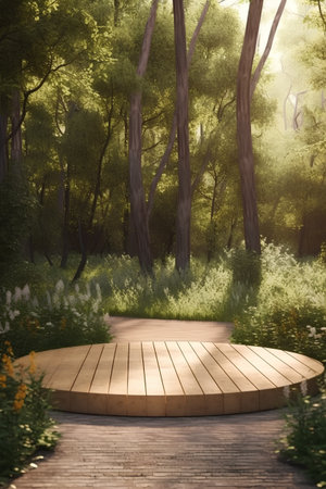 Wooden floor in the forest with flowers and trees at sunset.の素材
