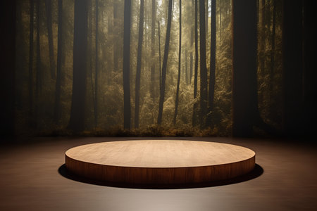 Wooden podium in the dark forest. 3D rendering. Wooden floor.の素材