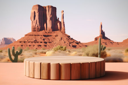 Wooden round podium in Monument Valley, USA. 3D renderingの素材