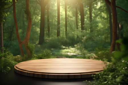 Wooden platform in the forest for product display montages. 3d renderの素材