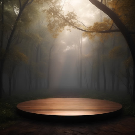 Wooden platform in the forest with fog and sun rays, 3d renderの素材