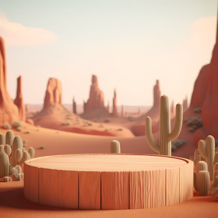 Wooden podium in the desert with cactuses. 3D renderingの素材
