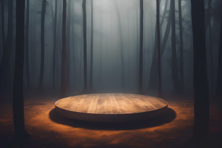 Wooden podium in the dark mysterious forest. 3D Renderingの素材