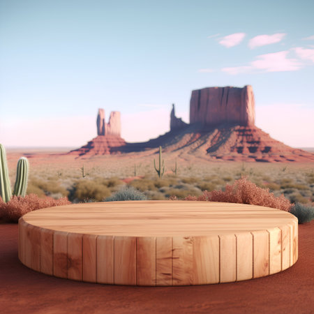 Wooden round podium in the desert. 3d rendering mock upの素材