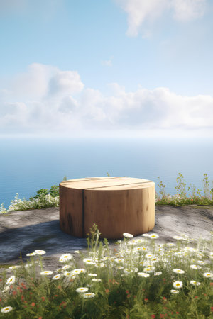 Wooden pedestal on the background of the sea. 3d renderingの素材