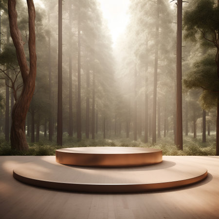 Wooden podium in the forest with fog. 3D rendering.の素材