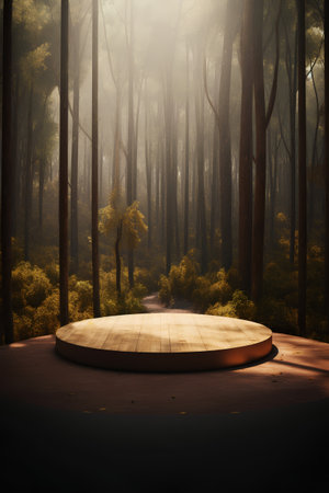 Wooden stage in the forest with fog. 3D render.の素材