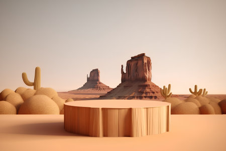 Wooden podium in the desert with cactuses. 3d renderの素材