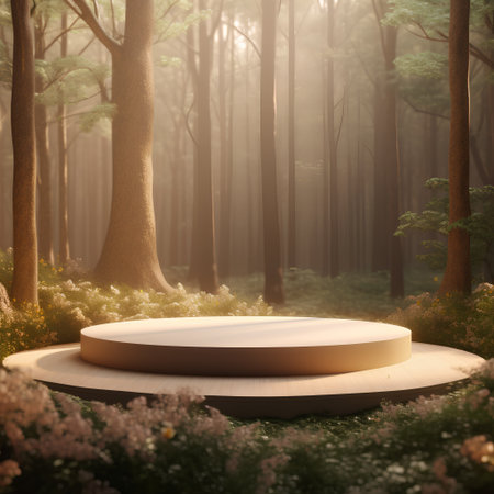 3d render of podium for product presentation in the forest with fogの素材