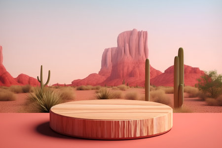 Wooden podium in the desert, 3d render, square compositionの素材