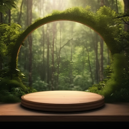 Wooden podium in the green forest. 3d render illustration.の素材