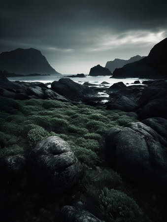 Long exposure image of a rocky beach at low tide with dramatic skyの素材