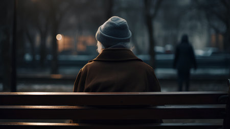 A young woman is sitting on a bench in the city at nightの素材