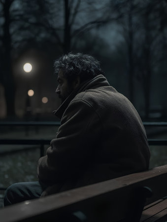 Man sitting on a bench in the park at night with foggy backgroundの素材