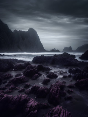 Beautiful seascape with purple rocks on the beach. Nature composition.の素材