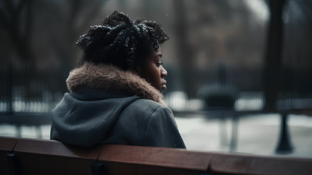 Young african american woman with afro hairstyle in coat sitting on bench in winter park.の素材