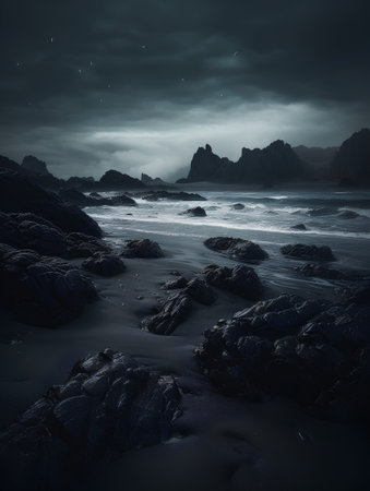 Beautiful seascape with waves crashing on the rocks at nightの素材