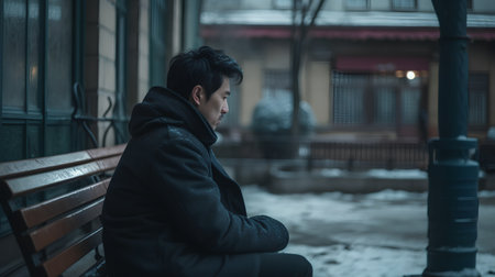 Young man sitting on a bench and looking at the street in winterの素材