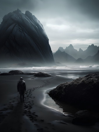 Fantasy landscape with lonely man on the beach. 3d illustrationの素材