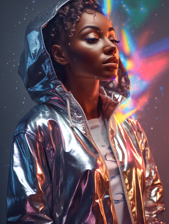 Fashion portrait of a beautiful african american woman in shiny jacket.の素材