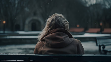 Young woman in a coat sitting on a bench in the rain.の素材