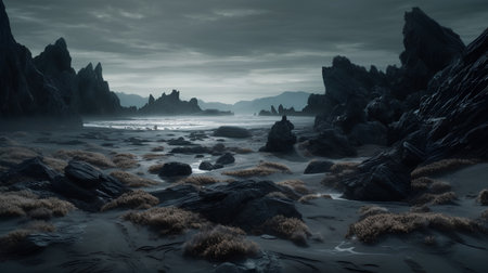 Fantasy alien planet. Mountain and sea. 3d render illustrationの素材