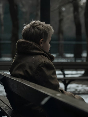Sad boy sitting on a bench in the park. Sadness and depression concept.の素材