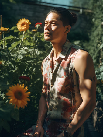 young handsome asian man with sunflowers in the garden, lifestyle people conceptの素材