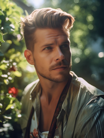 Portrait of a handsome young man in the garden. Men's beauty, fashion.の素材