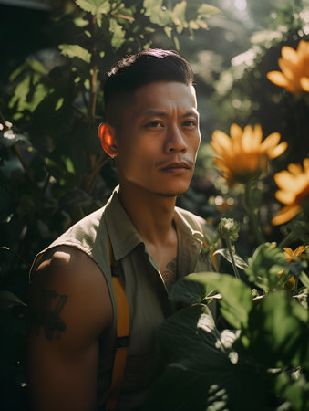 Portrait of handsome asian man standing in the garden and looking at camera.の素材