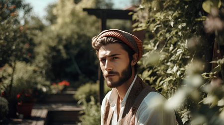 handsome bearded man in hat and vest looking away in park on sunny dayの素材