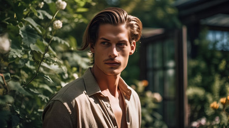 Portrait of a handsome young man in the garden. Men's beauty, fashion.の素材