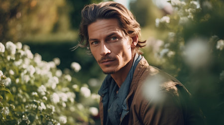 Portrait of a handsome man in a garden. Men's beauty, fashion.の素材