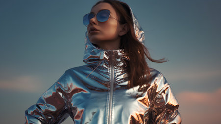 Fashion portrait of a beautiful young woman in a silver jacket and sunglassesの素材