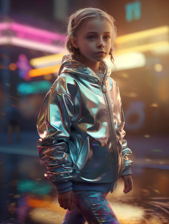 Little girl in a fashionable jacket on the background of neon lights.の素材