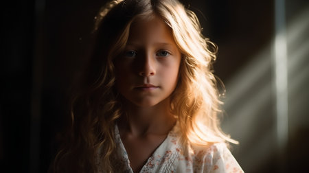 Portrait of a beautiful little girl with long hair in the darkの素材