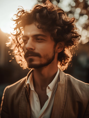 Portrait of a handsome young man with curly hair outdoors. Men's beauty, fashion.の素材