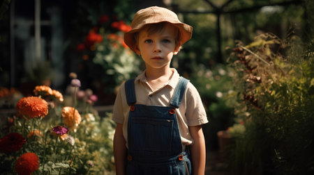 Portrait of a boy in a hat and overalls in the gardenの素材
