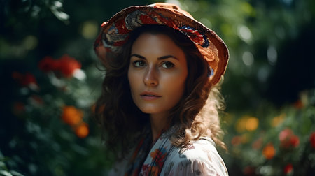 Portrait of a beautiful young woman in a hat in the gardenの素材