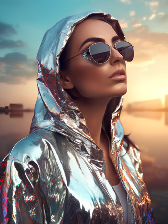 Fashion shot of a beautiful woman in silver dress and sunglasses.の素材