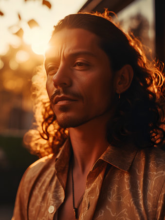 Portrait of a handsome young man with curly hair in a shirt on the streetの素材