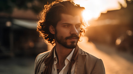 Portrait of a handsome young man in the city at sunset.の素材