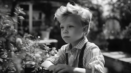 Portrait of a cute little boy in a cafe. Black and white photo.の素材