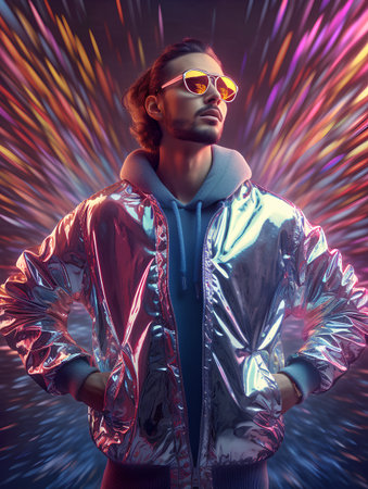 Portrait of a handsome man in a shiny jacket and sunglasses.の素材