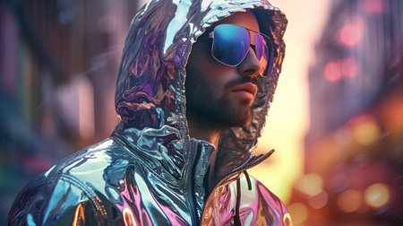 Close-up portrait of a brutal man in a silver jacket and sunglasses. 3D rendering.の素材