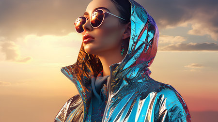 Fashion shot of a beautiful woman with sunglasses. 3d rendering.の素材